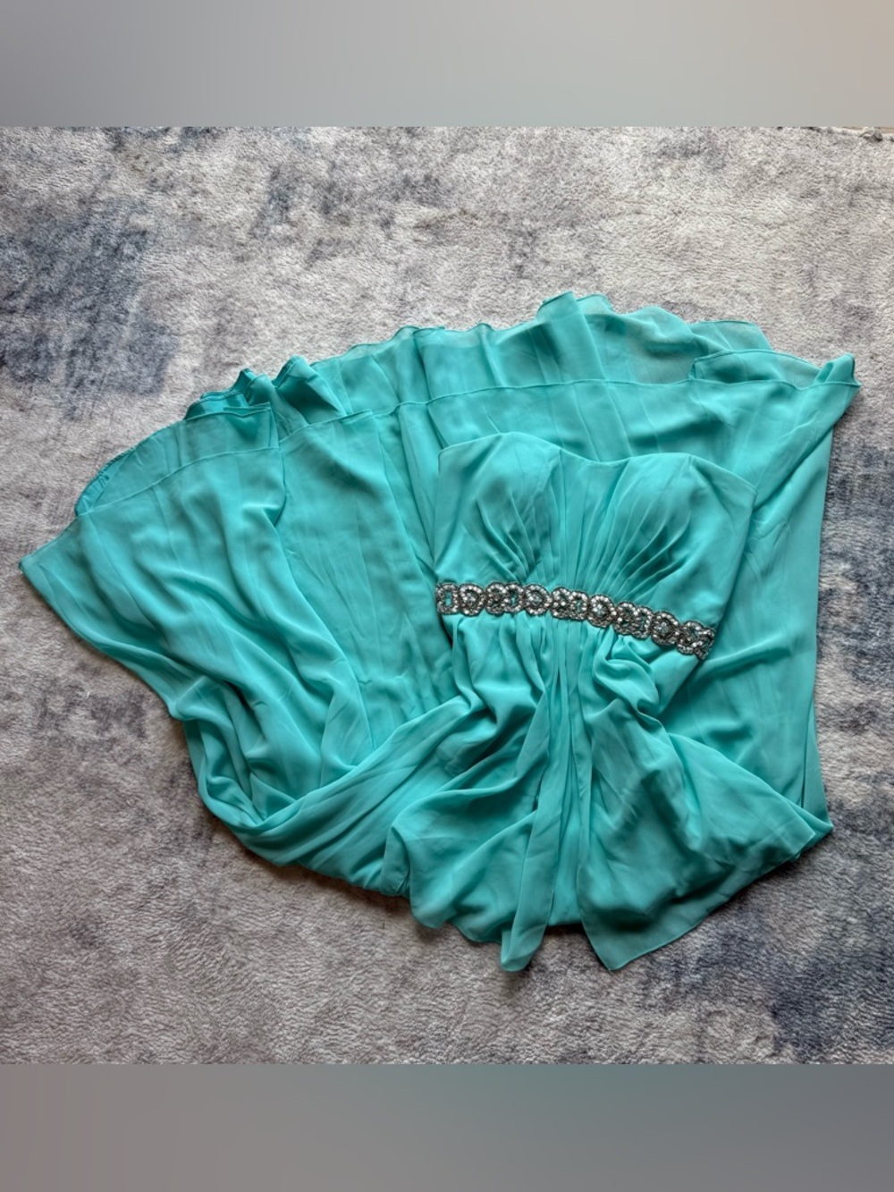Xscape Teal Strapless High Low Formal Dress Size 8 Rhinestone Waist Chiffon Prom